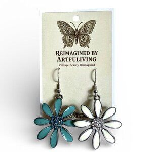 Reimagined Enamel Daisy Rhinestone Dangle Earrings Stainless Steel Hooks New